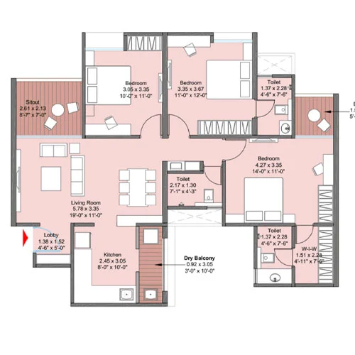 Kohinoor Uptown Avenue Punawale 3BHK Floorplan